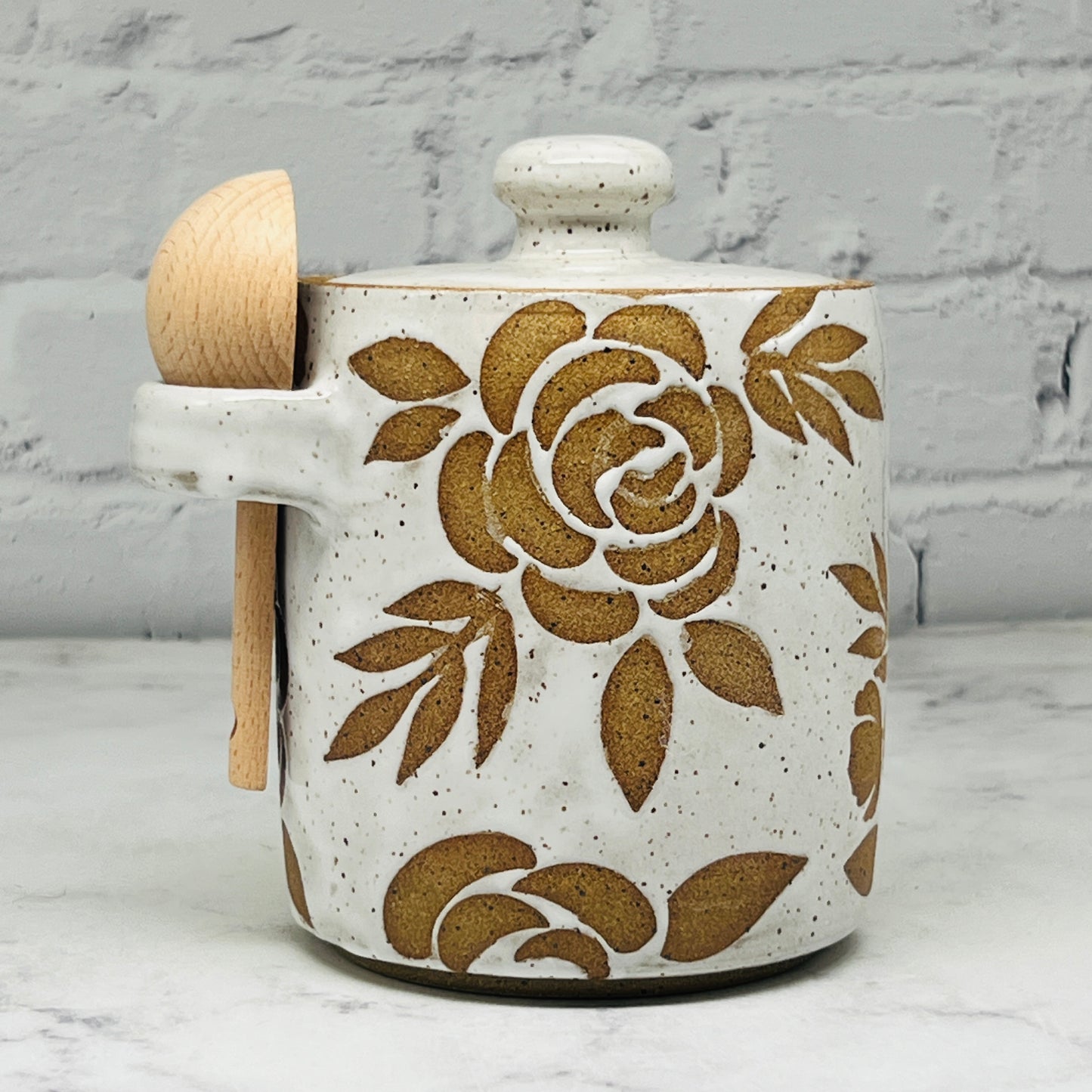 Speckled White with Floral Design Lidded Container