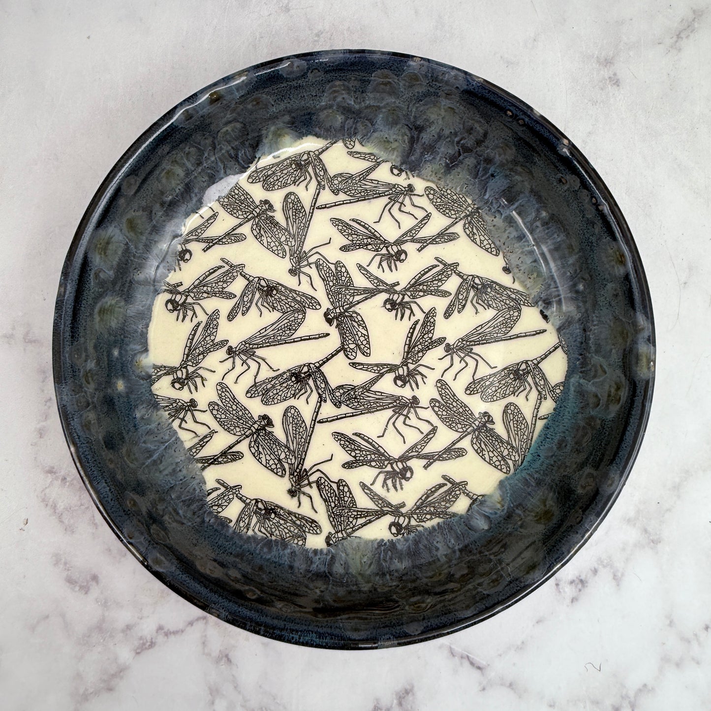 Black with Dragonflies Low Bowl