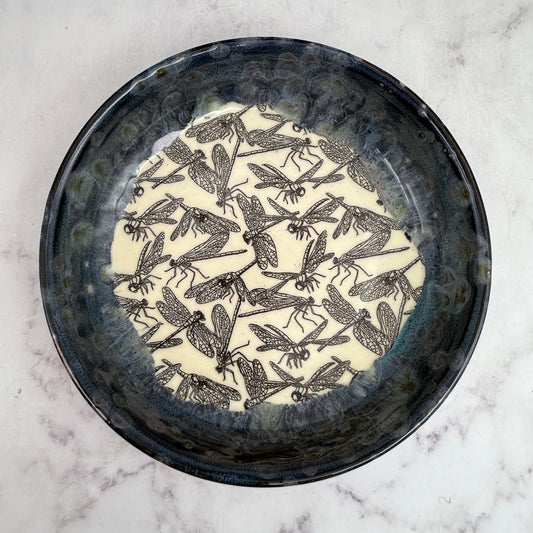 Black with Dragonflies Low Bowl