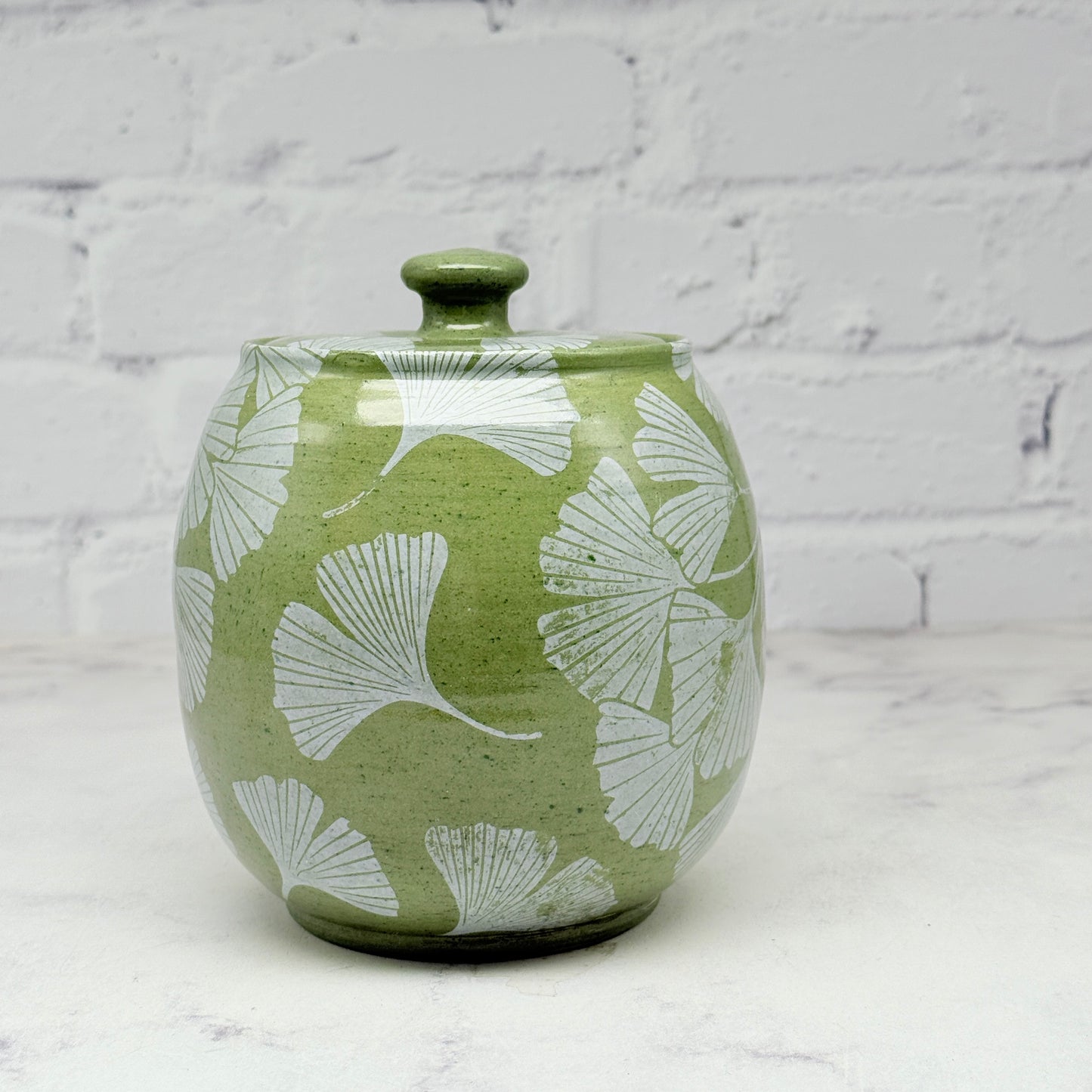 Green with White Gingko Lidded Container