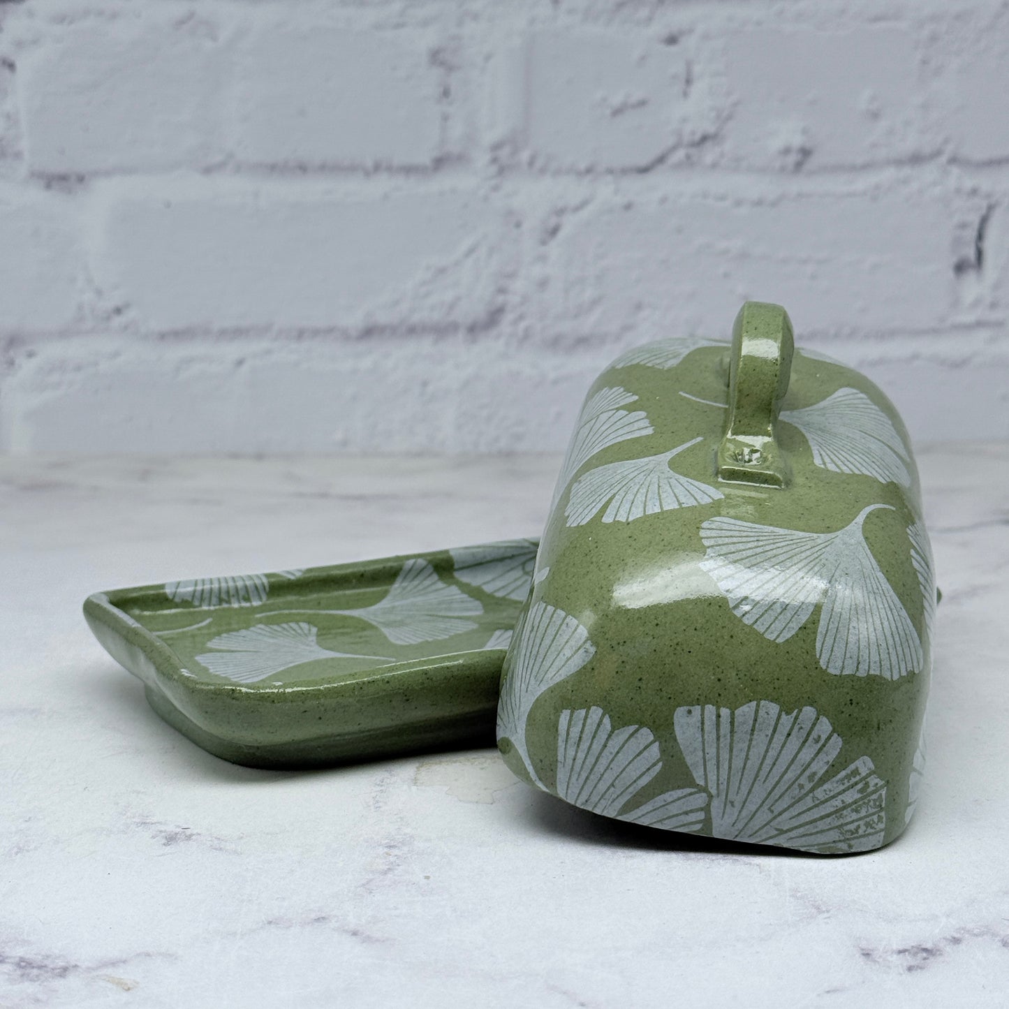 Green with White Gingko Butter Dish