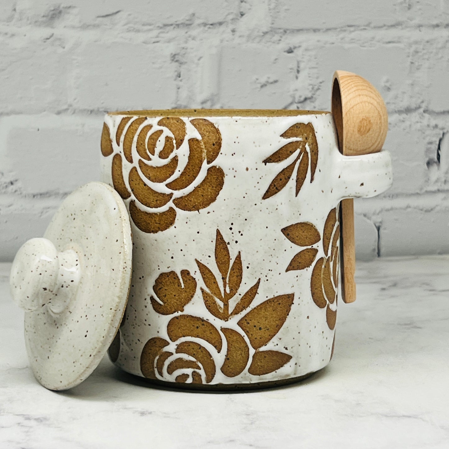 Speckled White with Floral Design Lidded Container