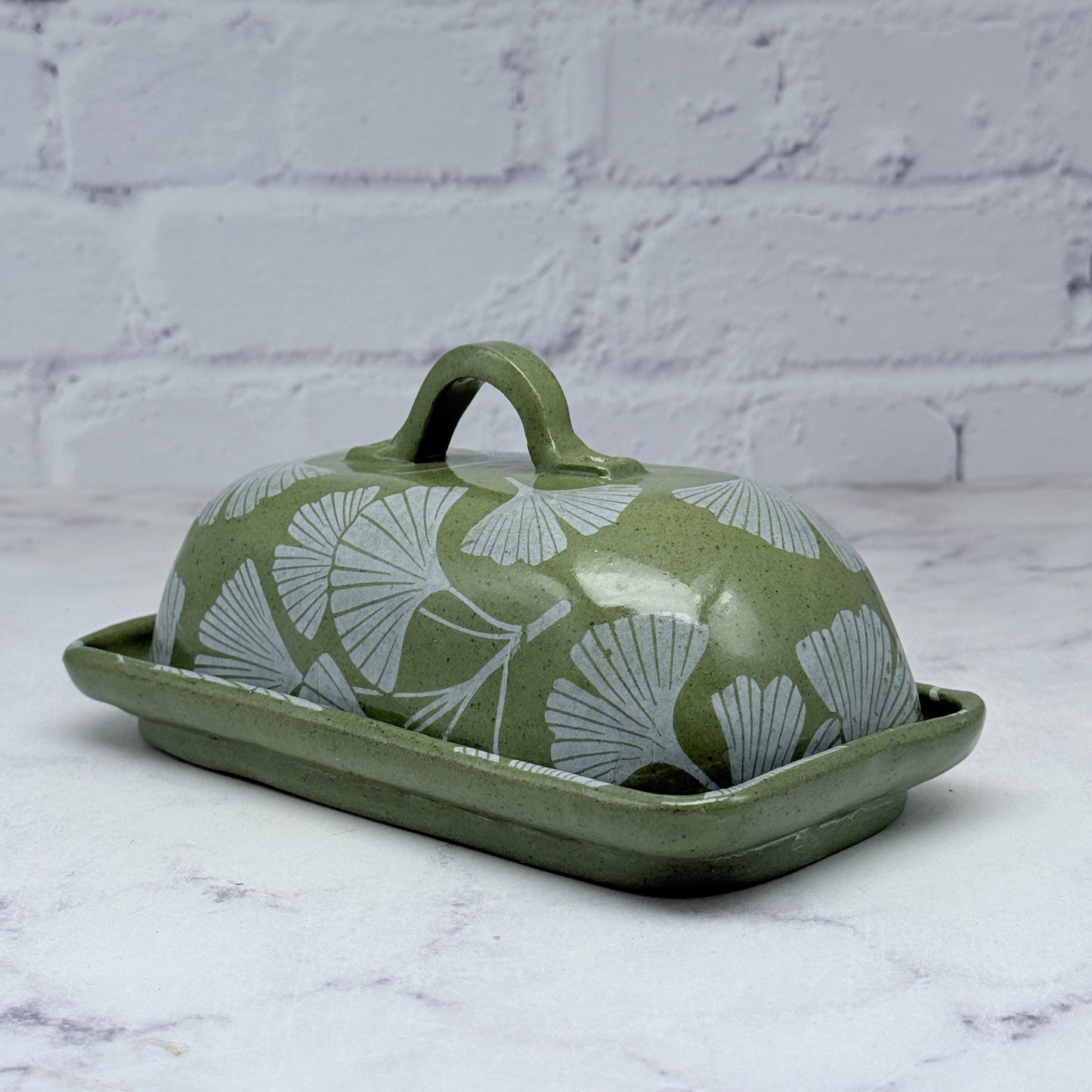 Green with White Gingko Butter Dish