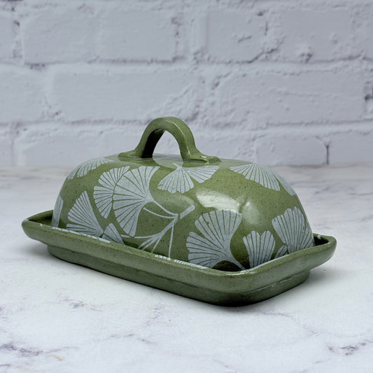 Green with White Gingko Butter Dish
