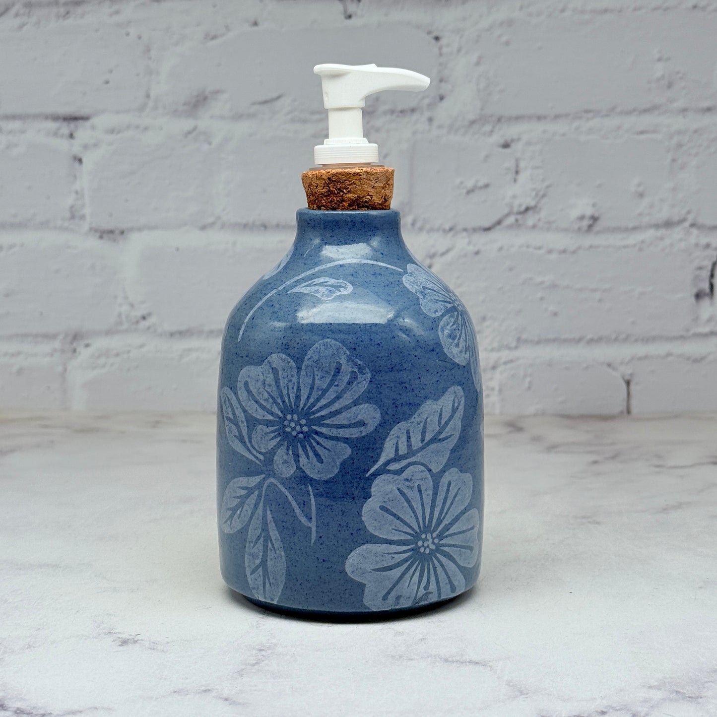 Blue with White Flowers Soap Dispenser 1