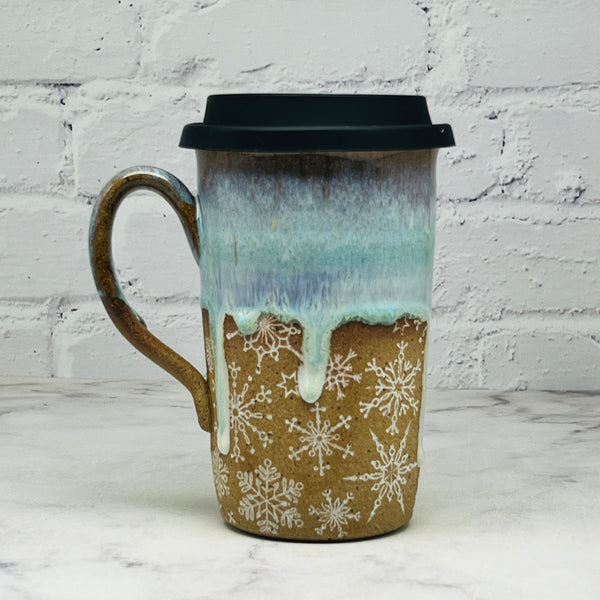 Light Blue with White Snowflakes Travel Mug 2