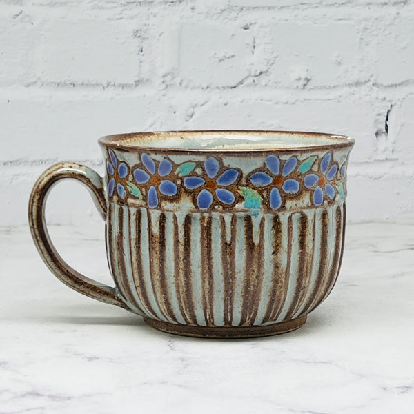 Carved Blue with Purple Flowers Soup Mug