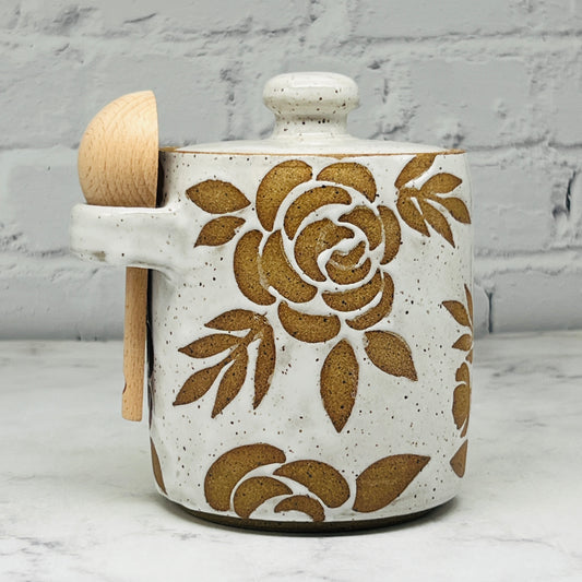 Speckled White with Floral Design Lidded Container