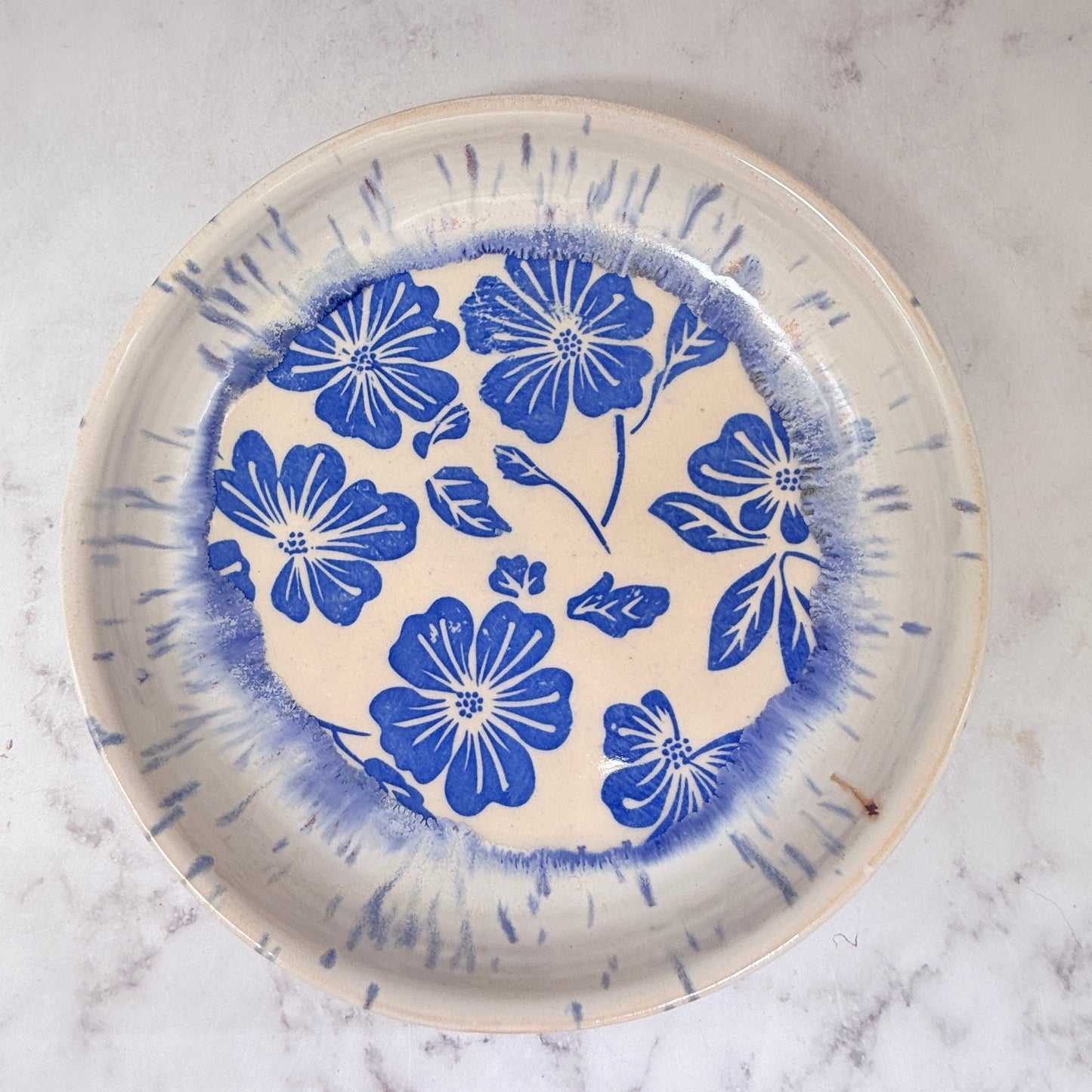 Cream with Blue Flowers Low Bowl