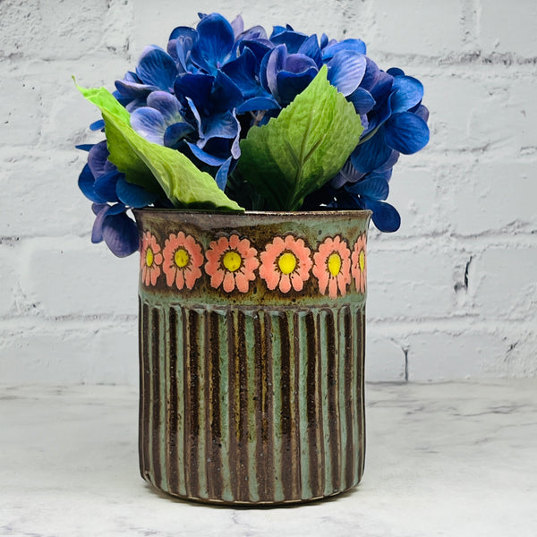 Carved Blue with Pink Flowers Vase