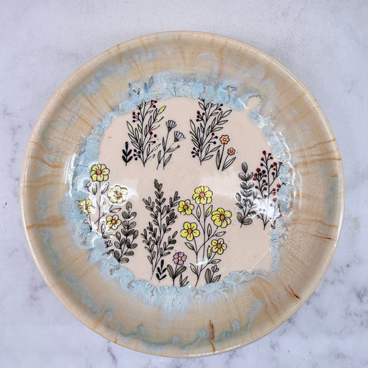 Light Blue with Wildflowers Low Bowl