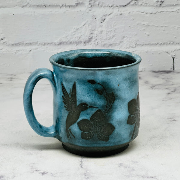 Blue with Hummingbirds on Black Clay Mug 2