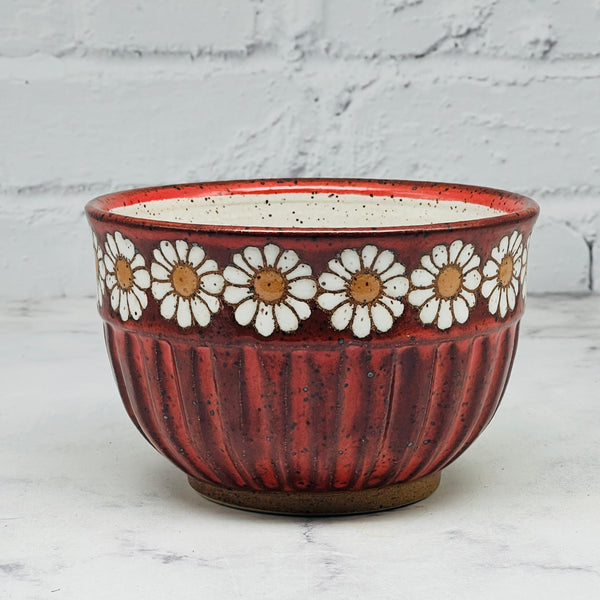 Carved Red with White Daisies Small Bowl 1