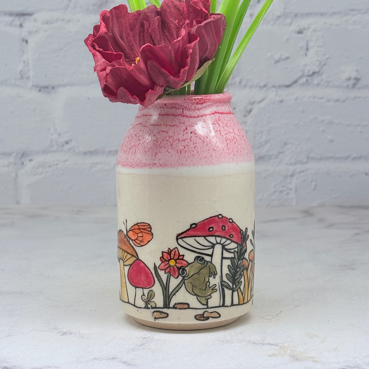 Red with Mushrooms Bud Vase