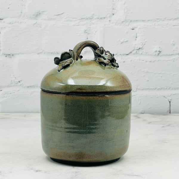 Dark Green with 3-D Flowers Lidded Container