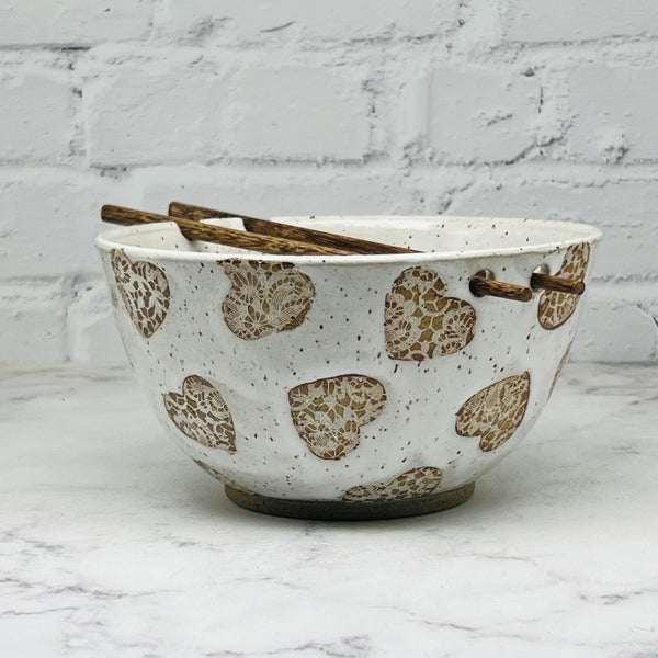 White Lace Hearts Chopstick Bowl