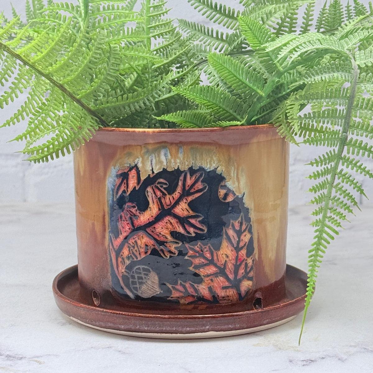 Sgraffito Fall Leaves Planter