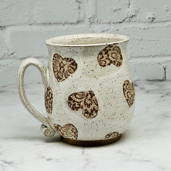 January Preorder Speckled White with Lace Hearts Mug