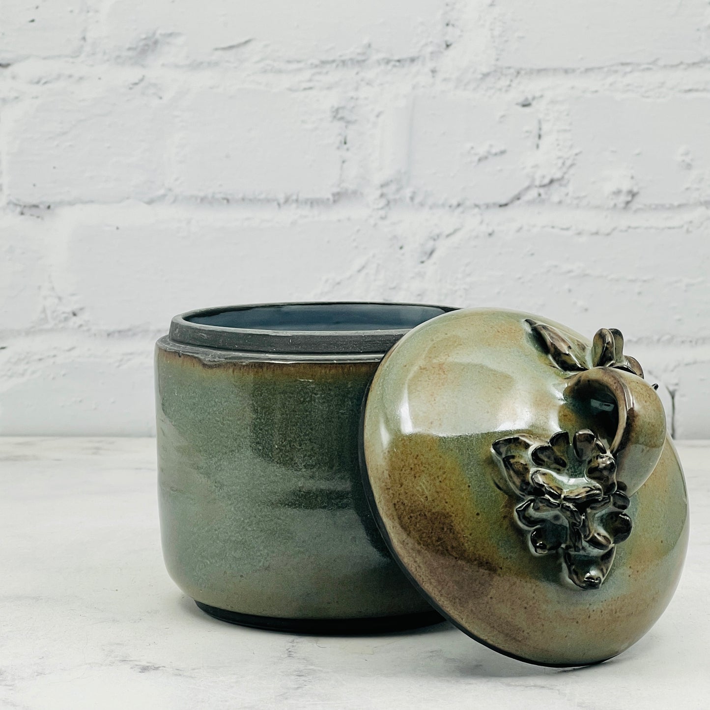 Dark Green with 3-D Flowers Lidded Container