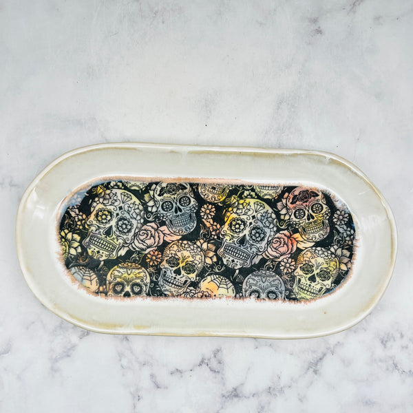 White with Sugar Skulls Oval Tray