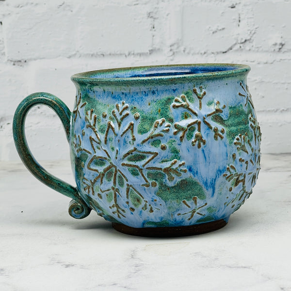 Blue Raised Snowflakes Cafe Mug 5